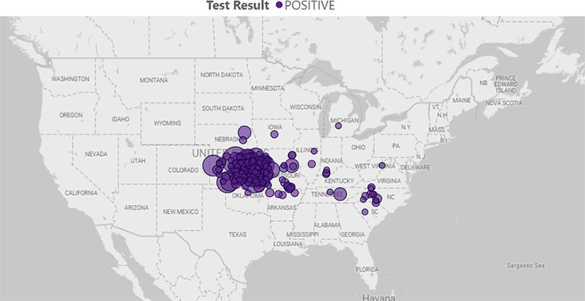 Map of the United States purple dots showing locations of BLV positive test results