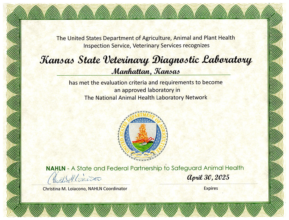 NAHLN approval certificate 2024